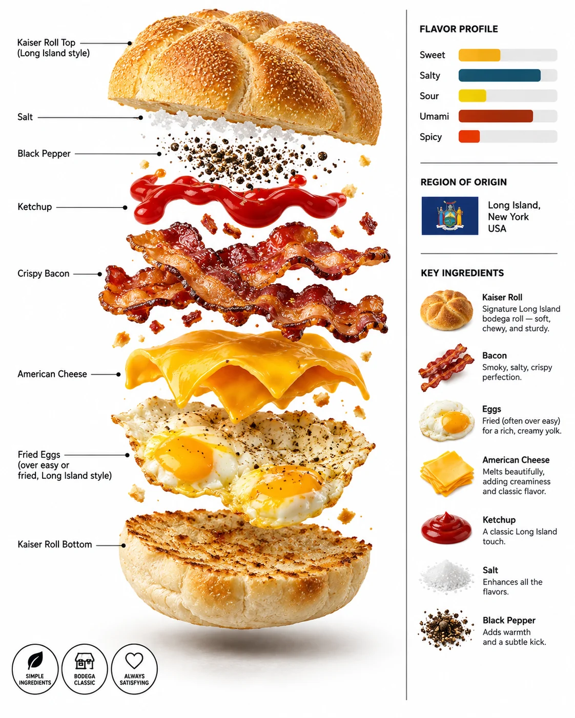 Exploded ingredient artwork of Bacon, egg & cheese roll