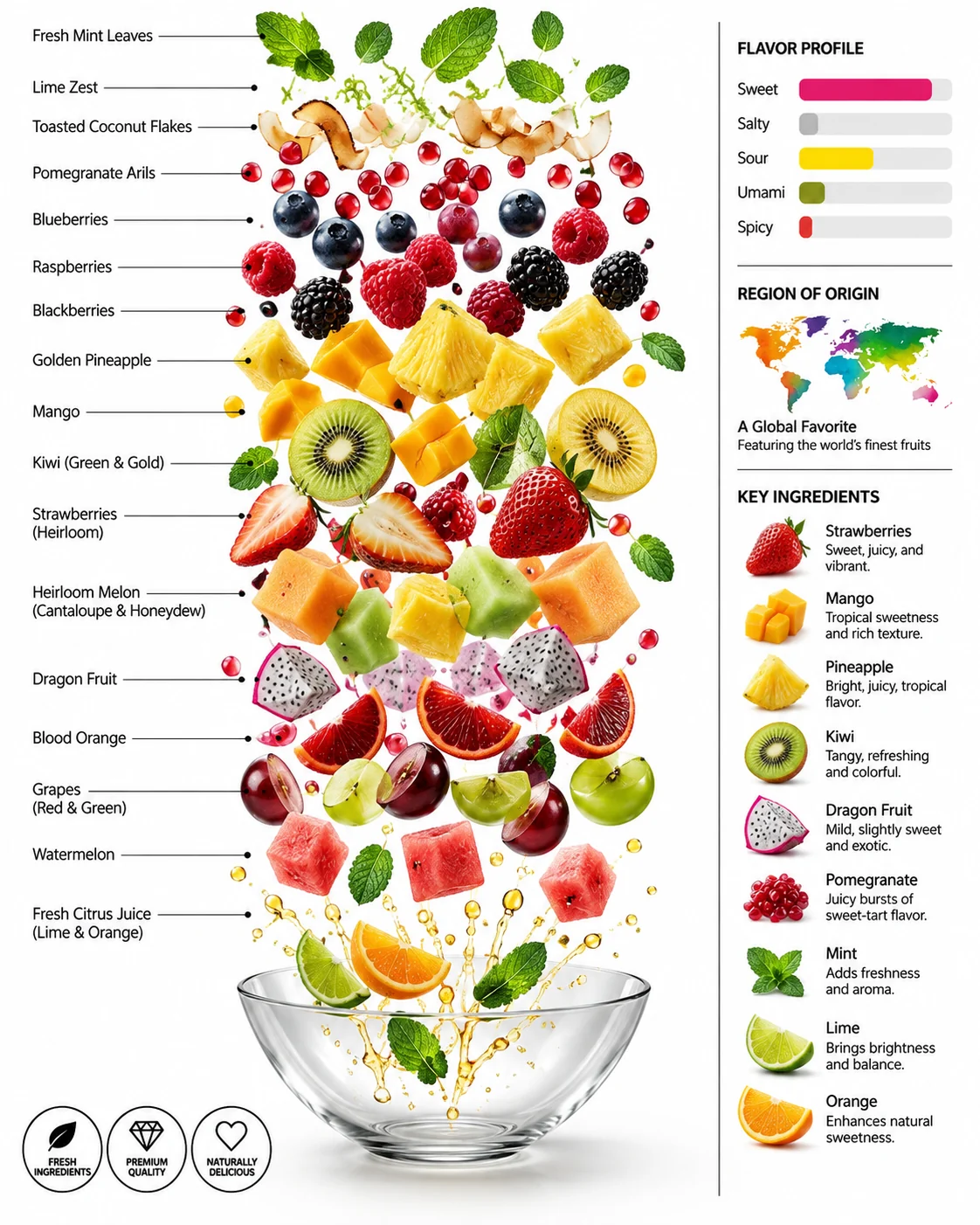 Exploded ingredient artwork of Tropical fruit bowl