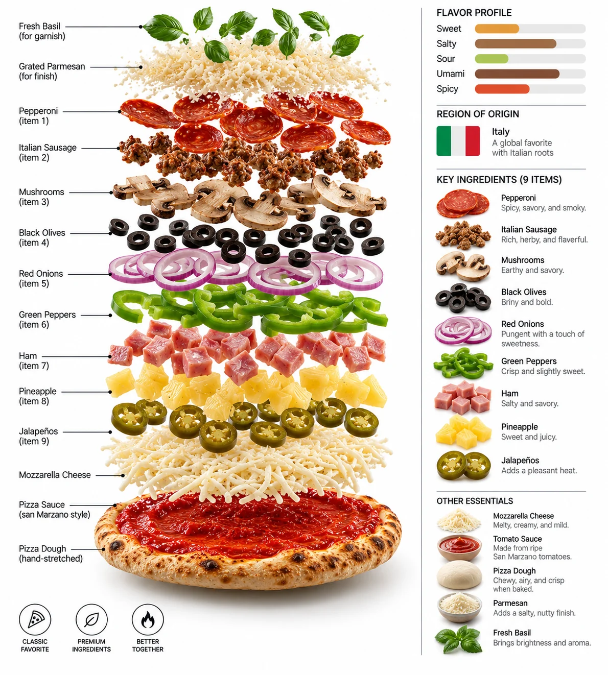 Exploded ingredient artwork of Loaded pizza
