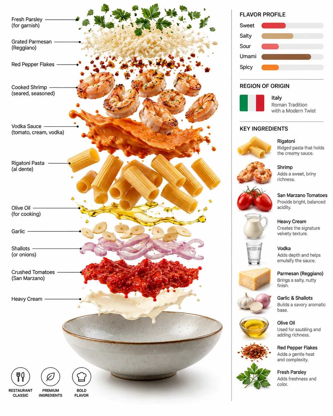 Exploded ingredient artwork of Shrimp rigatoni