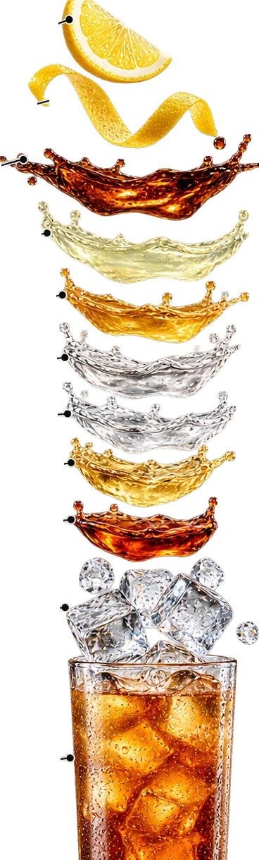 Long Island iced tea components suspended above a glass