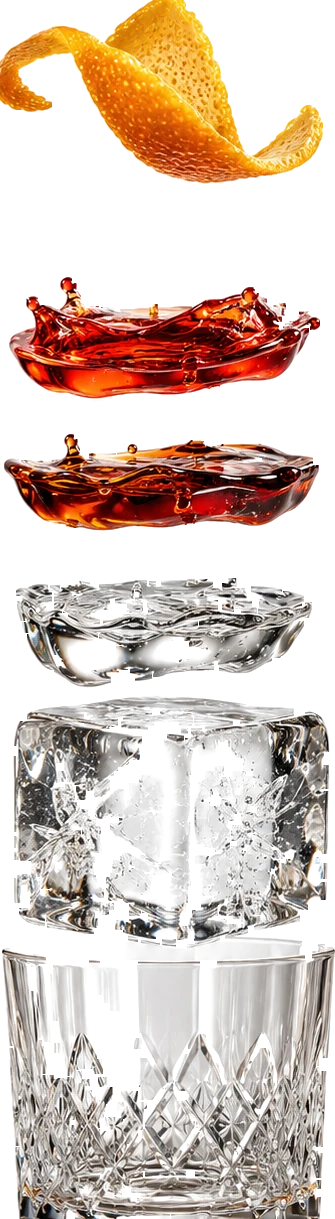 Negroni components suspended above a glass
